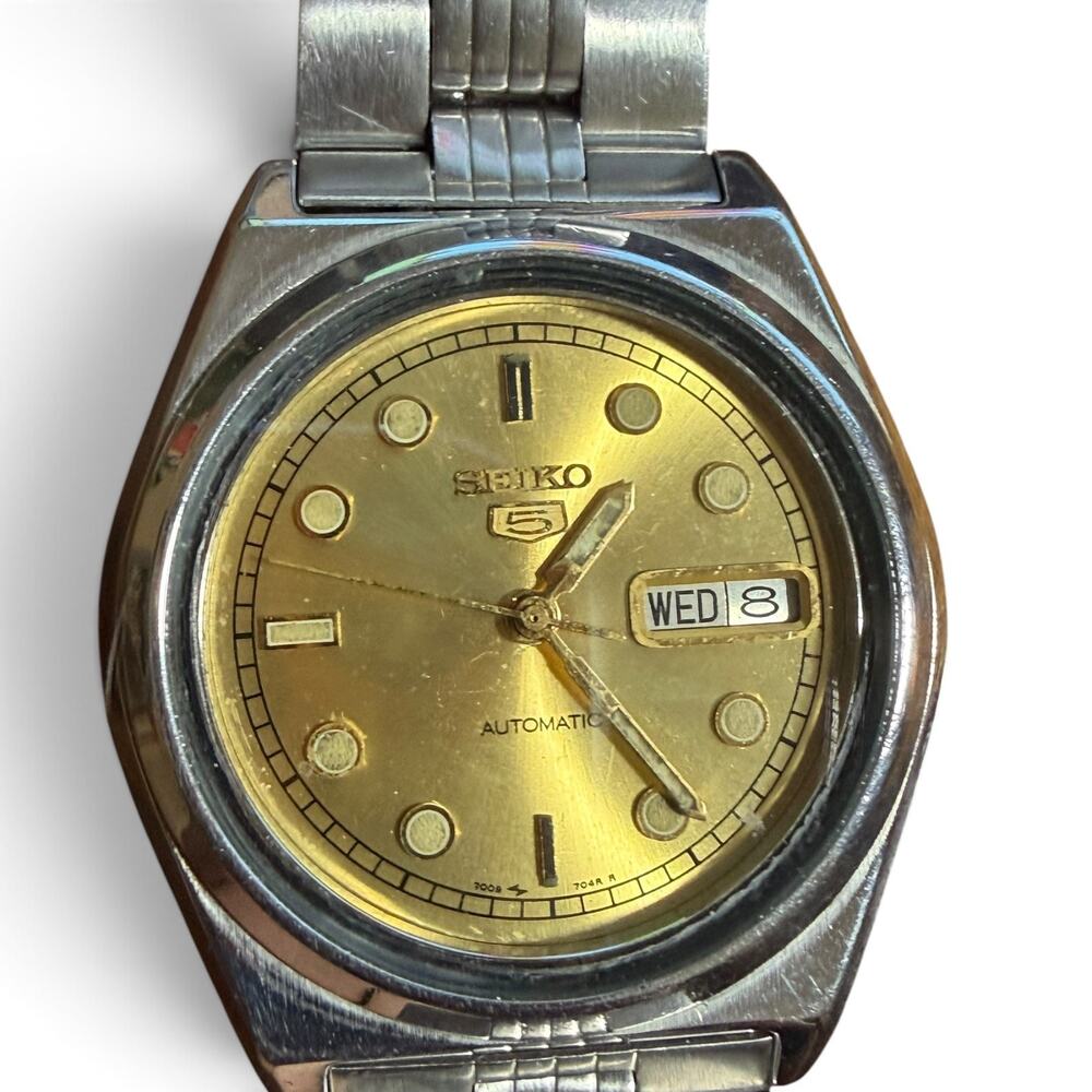 Vintage Seiko 5 Automatic Wristwatch, Gold Dial, 21 Jewels Mens Japan